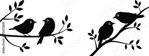 Black silhouette birds perched on leafy branches tree