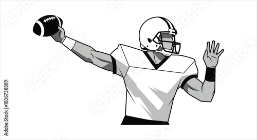 Stylized black and white illustration of an American football quarterback throwing the ball with force