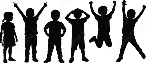 Silhouettes of children jumping and standing in expressive poses — playful motion reference for youth, activity, and educational design