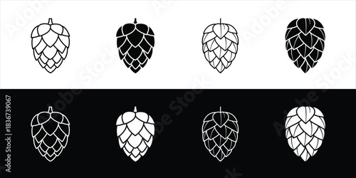 Collection of Hop Cone Outline and Solid Icons for Craft Beer and Brewing Projects