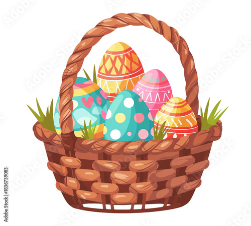 Woven wicker basket filled with colorful decorated easter eggs and green grass isolated on transparent background