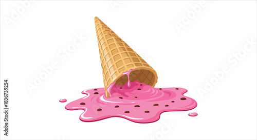 Melting Pink Ice Cream Cone Dripping on White Background