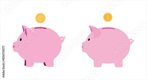Pink piggy banks with coins dropping in, symbolizing saving money