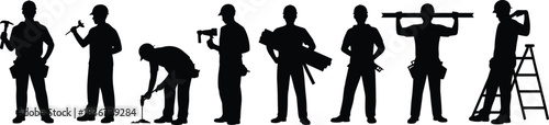 Silhouettes of construction workers with tools — labor roles, equipment, and posture reference for industrial, instructional, and design use
