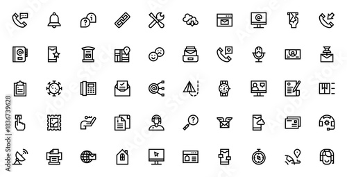 Contact us icon set. Minimal vector line icons pack.Includes symbols for phone email, support, chat, loction, customer service, ma, call and more.