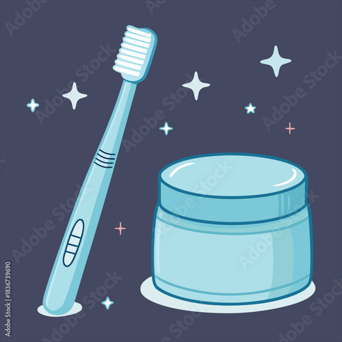 Illustration of a blue toothbrush and toothpaste container with sparkles, representing dental hygiene and oral care