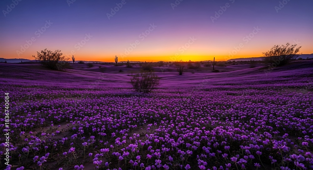Obraz premium Vibrant Purple Wildflower Superbloom at Sunset in Arid Desert Landscape.