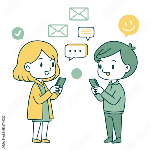 Cheerful young man and woman engaging in digital communication, exchanging messages and emojis via smartphones, illustrating lively social media interaction and seamless mobile connectivity