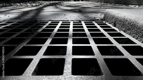 A repeating metal grate casting layered shadow patterns across ground forming structured minimal rhythm