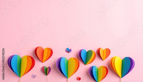 Rainbow paper hearts on a pastel pink background, celebrating love and diversity