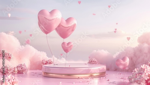 Valentine Pink Background with Heart Balloons and Product Podium