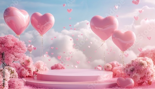 Valentine Pink Background with Heart Balloons and Product Podium