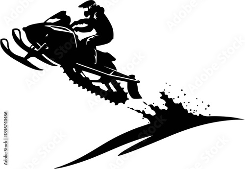 Dynamic monochromatic graphic depicting a thrill-seeking snowmobile rider in mid-air, performing an extreme jump with a dramatic snow spray effect, embodying the spirit of winter adventure and speed