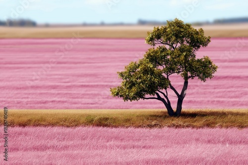Lone Tree Stands in Pink Field Under Blue Sky