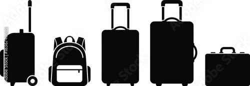 Travel bags, luggage silhouettes, suitcase icons, backpack shape, briefcase outline, rolling luggage, travel gear, airport essentials, vector illustration, black silhouettesTravel bags