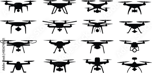 Silhouettes of diverse drone designs in grid layout — aerial technology reference for surveillance, photography, and recreational use