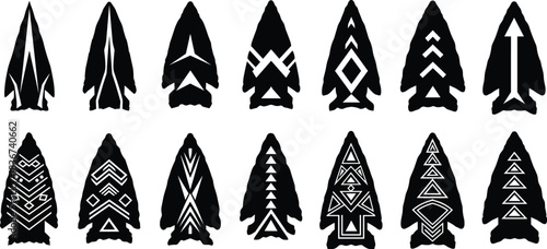 tribal arrowhead icons, geometric symbols, black and white design, native style, abstract shapes, cultural pattern, vector illustration, decorative elements
