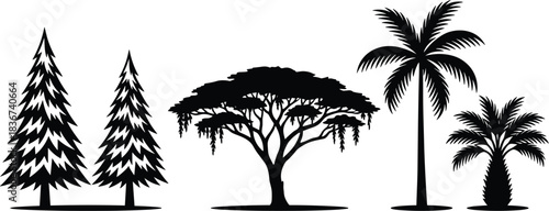 Tree silhouettes, forest shapes, tropical trees, conifer outlines, palm fronds, nature diversity, botanical forms, ecosystem icons, landscape elements, stylized foliage