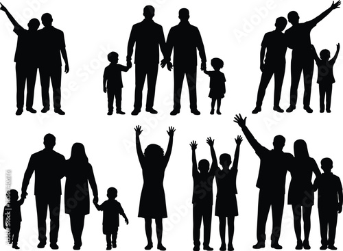 Silhouettes of diverse family groupings — posture, gesture, and relationship reference for design, education, and social themes