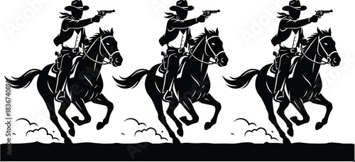 Western cowboy trio riding horses in action, vintage wild west illustration, gunmen galloping, dramatic dust trail, outlaw pursuit scene