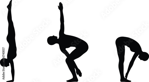 Yoga poses, handstand balance, squat stretch, forward bend, fitness silhouette, body flexibility, workout routine, exercise posture, wellness training, strength control