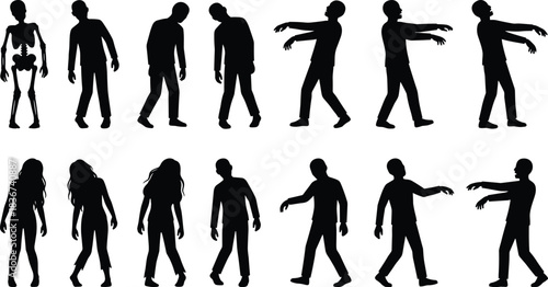 Zombie evolution, horror transformation, undead silhouettes, Halloween concept, scary figures, walking dead, creepy posture, spooky art, skeleton to zombie, eerie metamorphosis