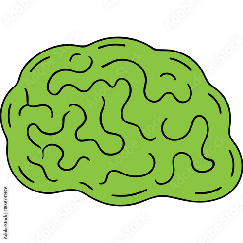 Stylized illustration of a vibrant green brain with black outline on a black background symbolizing thoughts and ideas