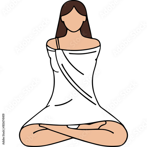 Stylized Illustration of a Woman in White Draping Seated in a Lotus Yoga Pose with Arms Behind Back Against a Solid Black Background