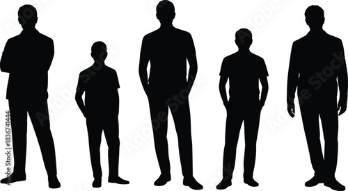 Silhouettes of five standing human figures in varied heights — posture, growth, and gesture reference for design and ergonomic study