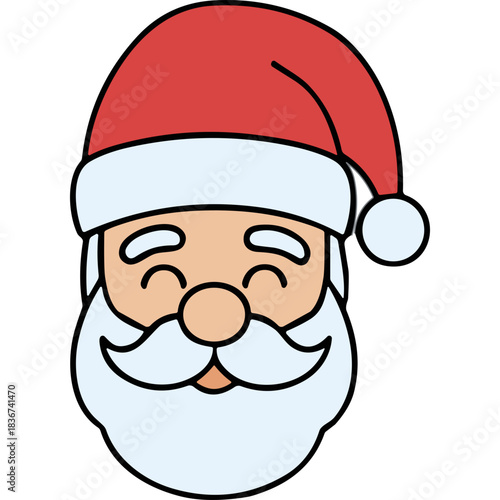 Stylized illustration of Santa Claus face with red hat white beard and rosy cheeks smiling joyfully against a black background festive Christmas character