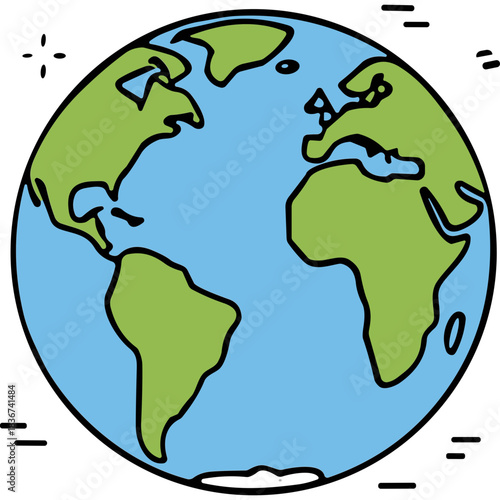 Stylized illustration of planet earth with continents in green and oceans in blue against a black background representing global geography and environmental awareness