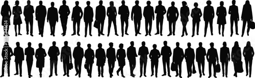 Silhouettes of diverse business professionals in various poses — corporate workforce concept for diversity, demographics, and professional environments
