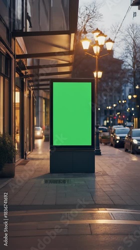 Green screen billboard on a bustling city street at night providing prime advertising space