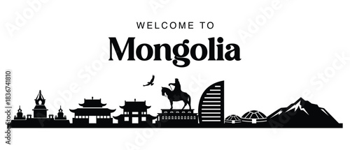 Mongolia Black and White Skyline Landmarks and Cultural Silhouette