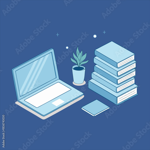Illustration of a Laptop, Stack of Books, and Potted Plant on a Blue Background, symbolizing learning and productivity