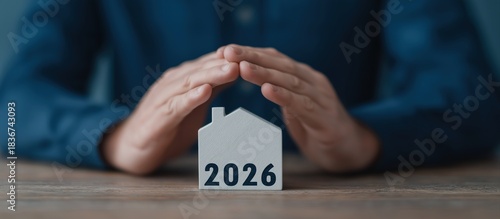 Hands shielding a house model with 2026, symbolizing future home protection, property insurance, real estate investment, and long term financial planning