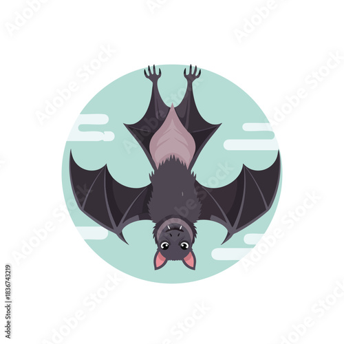 Cartoon Bat Hanging Upside Down in Circle