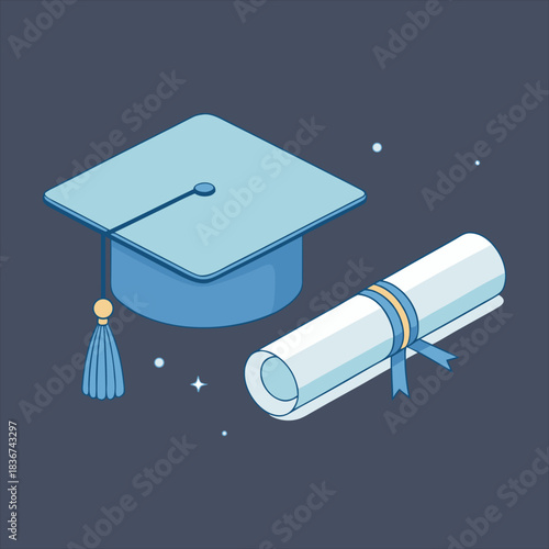 Isometric illustration of a light blue graduation cap and a rolled diploma, symbolizing academic achievement, educational success, and the completion of a learning journey