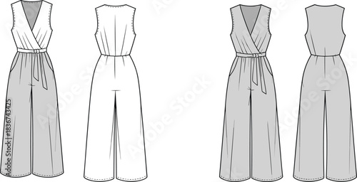 Cad drawing flat vector, sleeveless jumpsuit template, fashion sketch, wrap bodice, belt tie, wide-leg pants, pockets, front back view