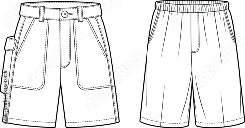 Cad drawing flat vector, shorts template, fashion sketch, cargo pocket, elastic waistband, belt loops, button closure, technical design