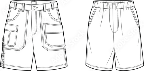 Cad drawing flat vector, shorts template, fashion sketch, cargo style, elastic waistband, side pockets, button closure, technical design