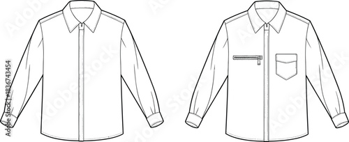 Cad drawing flat vector, long-sleeve shirt template, fashion sketch, button front, zip pocket, flap pocket, collar, cuff detail