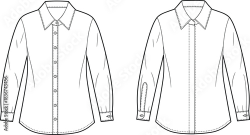 Cad drawing flat vector, button-up shirt template, fashion sketch, collar, cuffs, placket, yoke, sleeve detail, front, back view