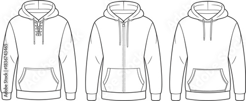 Cad drawing flat vector, hoodie template, fashion sketch, kangaroo pocket, lace-up, zipper, pullover, raglan sleeve, drawstring hood