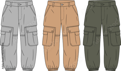 Cad drawing flat vector, cargo pants template, fashion sketch, multi-pocket design, elastic cuffs, belt loops, button closure, gray, tan, green
