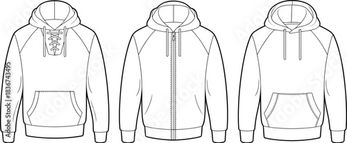 Cad drawing flat vector, technical hoodie template, fashion sketch, sweatshirt design, raglan sleeve, zipper, lace-up, pullover style