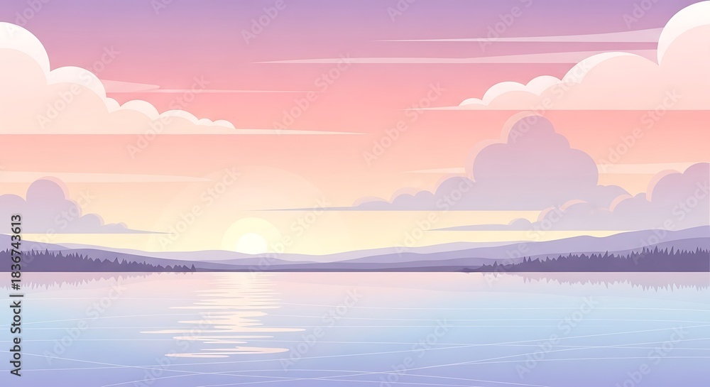 Fototapeta premium Serene Sunset Over Calm Lake with Mountain Silhouette and Clouds.