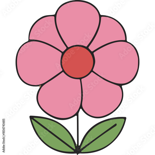 Stylized Pink Flower With Green Leaves And Red Center Isolated On Black Background Simple Vector Illustration