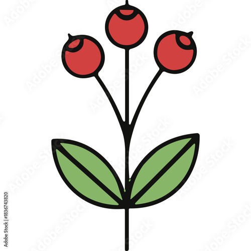 Stylized Red Berries on a Stem with Green Leaves Isolated on a Black Background Simple Flat Design