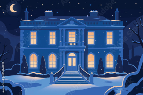 Elegant winter night scene of a lit mansion with snow and crescent moon, ideal for festive or seasonal charm.